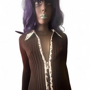 Belldini Brown Ribbed Top with Animal Print Accents